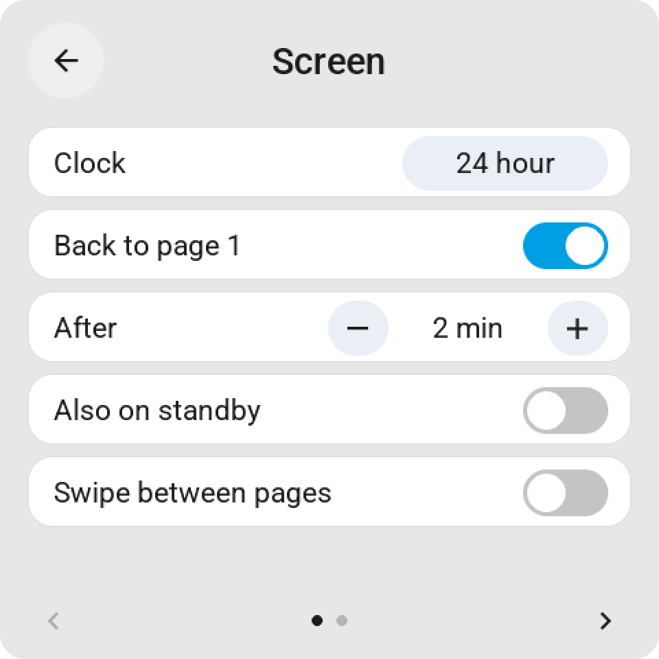 The settings page on the Guition, Screen: back to page 1 by itself and after how long, also on standby and swiping between pages, with the page buttons and the rotation on its second page