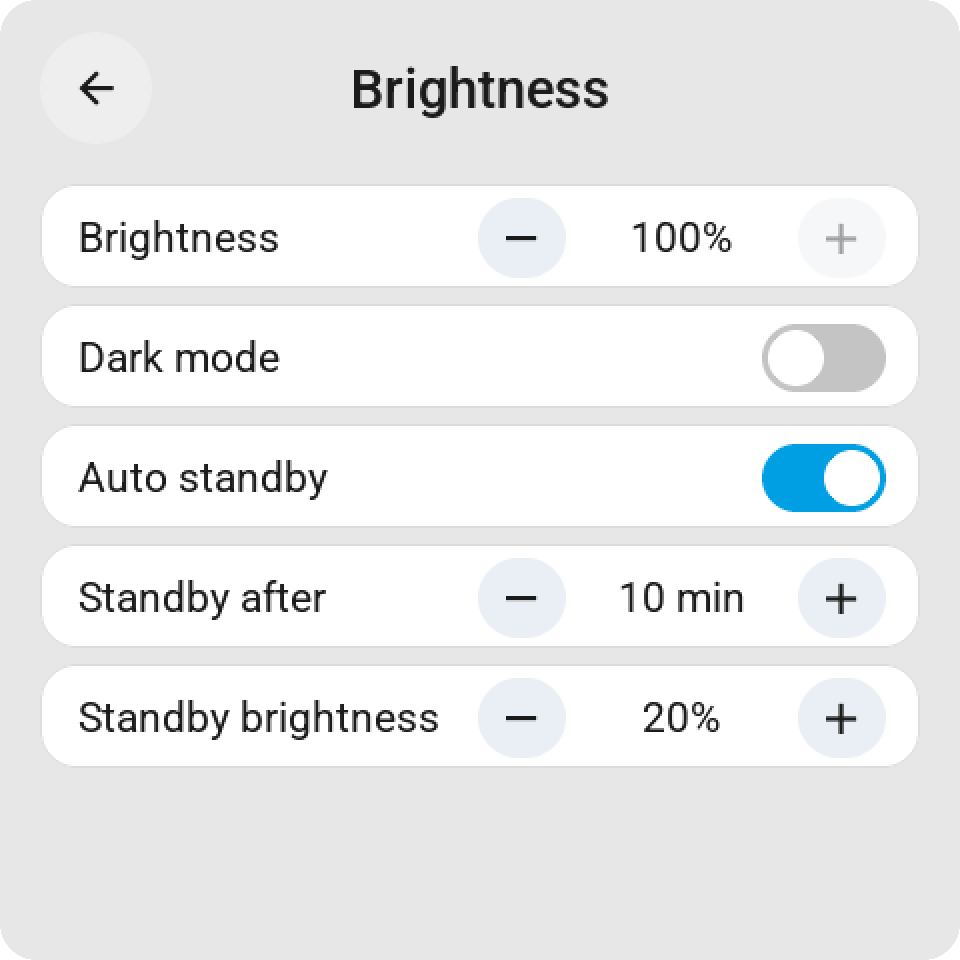 The settings page on the Guition, Brightness: the brightness with minus and plus, Dark mode off, Auto standby on, standby after 10 minutes and the standby brightness