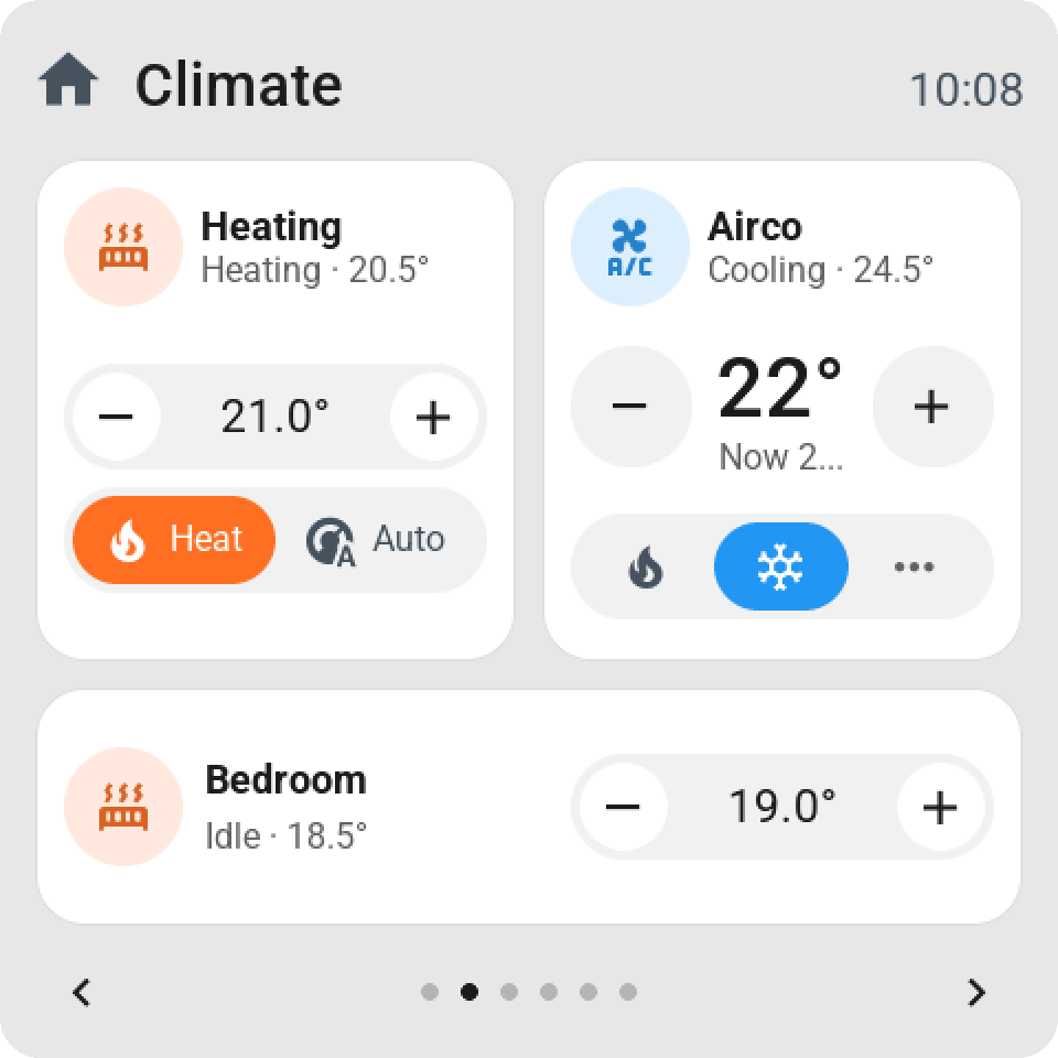 Three thermostats: the heating with its setpoint between minus and plus and a bar with Heat and Auto, an airco on cool with heat, cool and more behind three dots, and a short bedroom tile with the stepper on one row