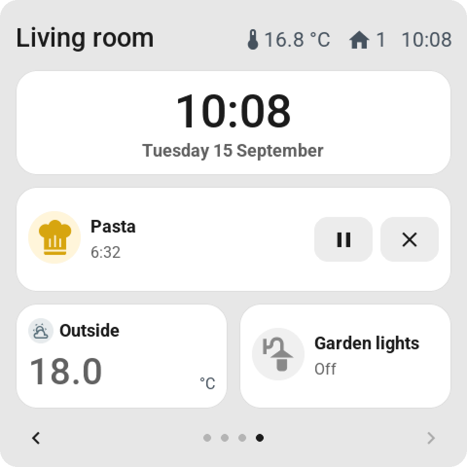 A digital clock with the date, a pasta timer with pause and cancel, the outside temperature as a large value, and garden lights that are off