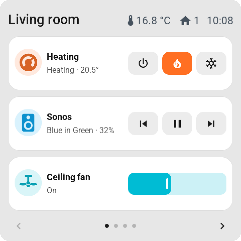 Double-width tiles with direct control: heating mode keys with heat selected, previous, pause and next for the Sonos, and a ceiling fan's speed slider