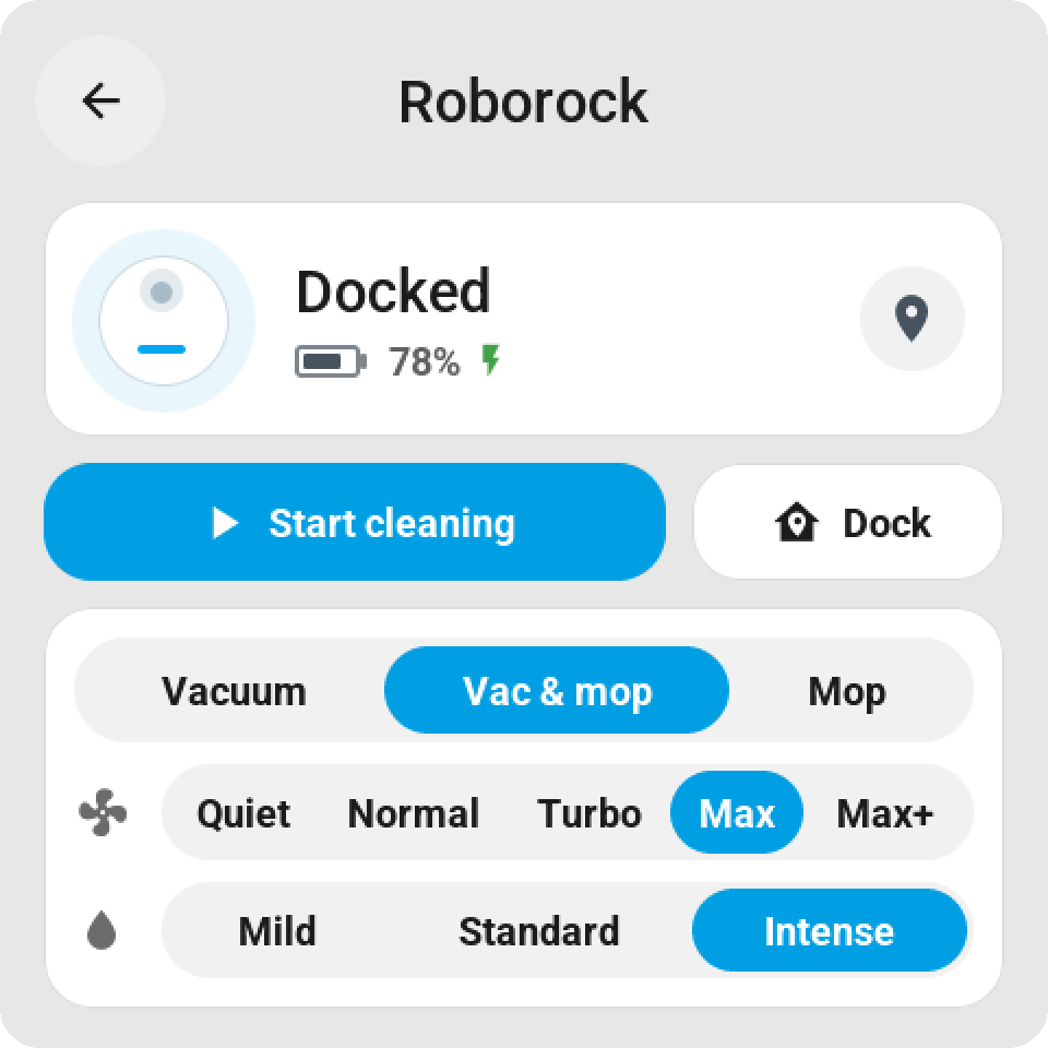 Vacuum card: docked and charging, start and dock, the cleaning mode vacuum, vac and mop or mop, suction and water