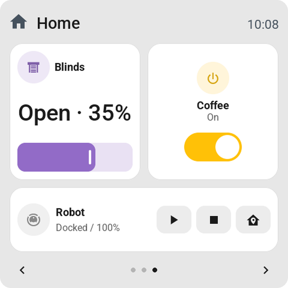 Two tiles one cell wide and two high: the blinds with their position in large type and a slider, and the coffee machine with its icon, name and switch in the middle; the robot vacuum with start, stop and dock below
