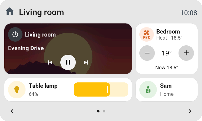 The 4.3-inch Waveshare: the media tile two by two with its album cover, a bedroom thermostat one cell wide and two high, a lamp dimmer and a person