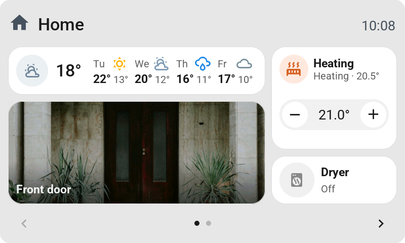 The 4.3-inch Waveshare: a wide weather tile with the coming days, the heating with its stepper, a front door camera filling a tile of two by two cells, and the dryer