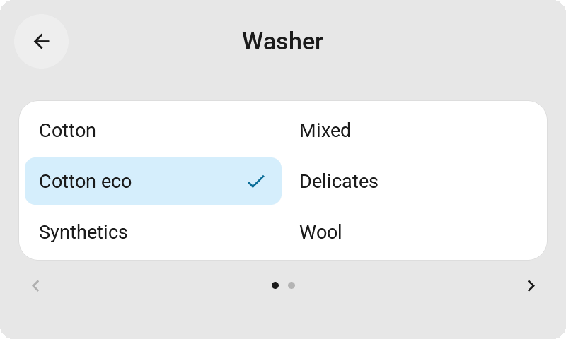 The select card of a washing machine on the 4.3-inch Waveshare: its programmes in two columns, Cotton eco checked, and page dots for the rest