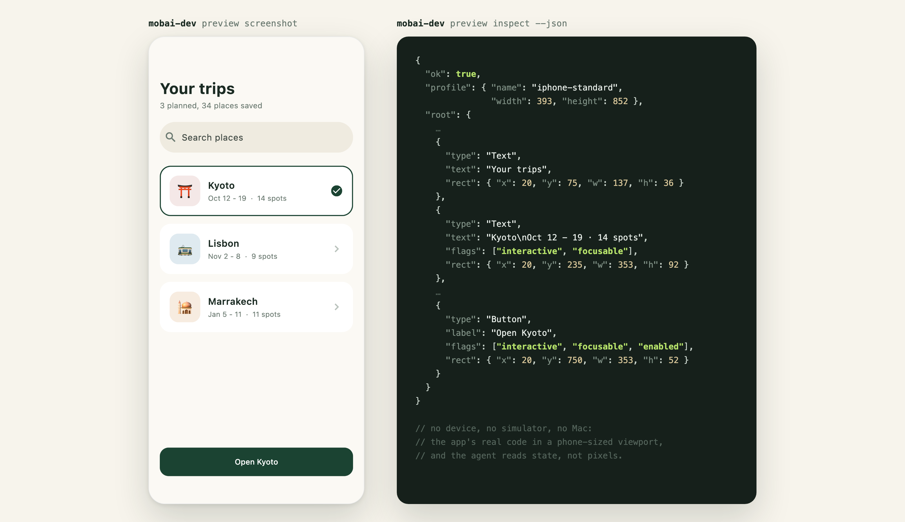 A Flutter screen rendered by the preview beside the semantic tree the agent reads