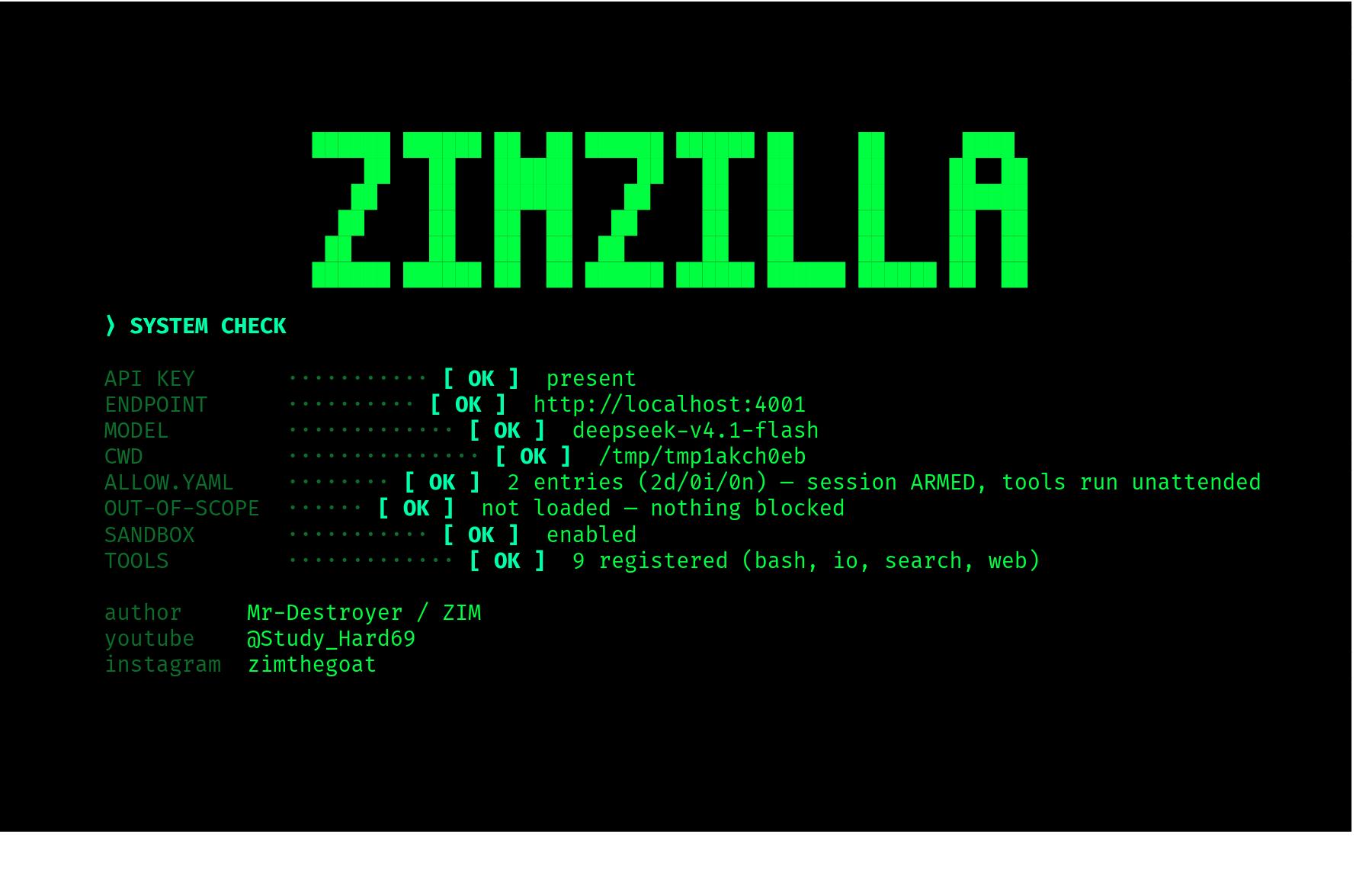 ZIMZILLA boot screen — ASCII banner, system check, shell ready
