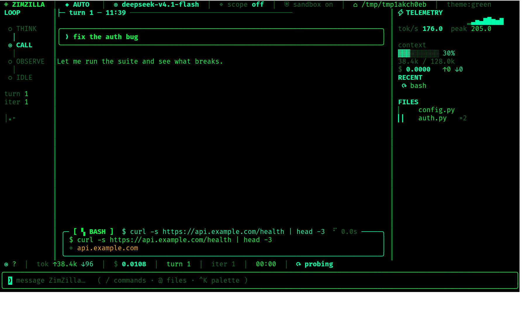 the ZIMZILLA shell — loop rail, transcript with a live tool card, telemetry rail, status bar