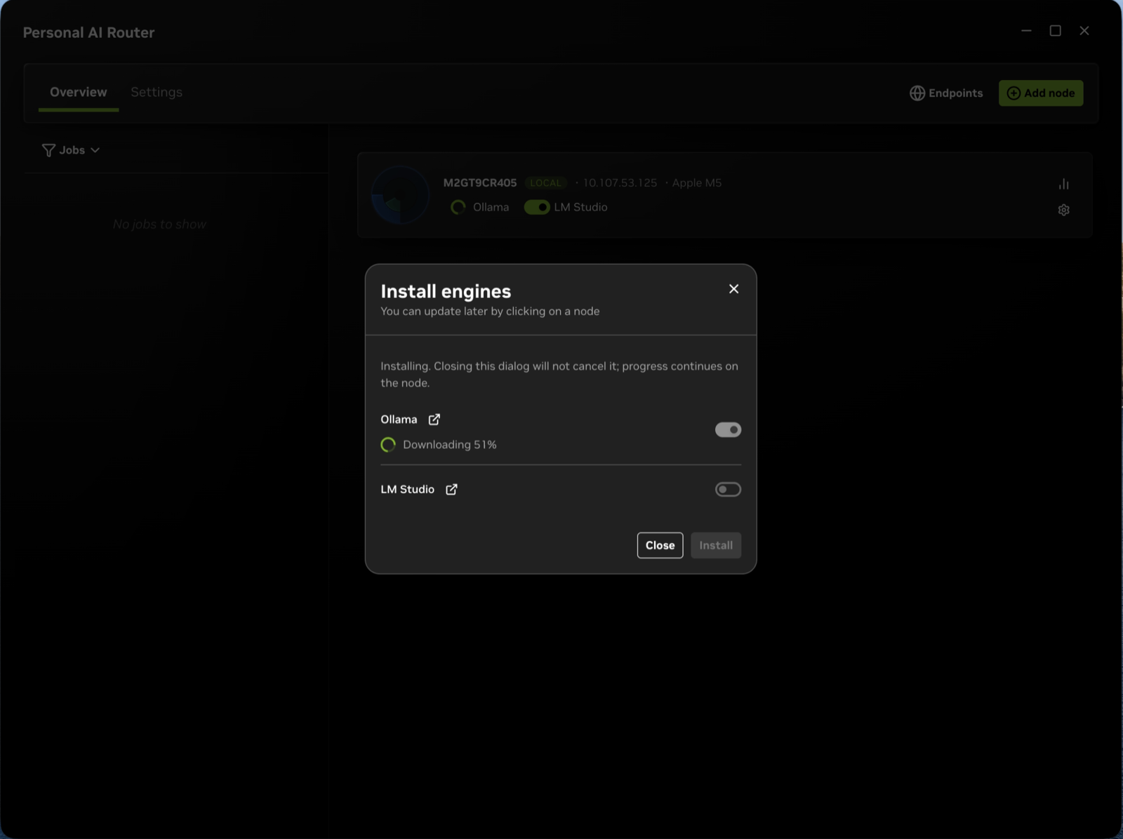 The Install engines dialog with Ollama downloading, reporting progress as it installs.