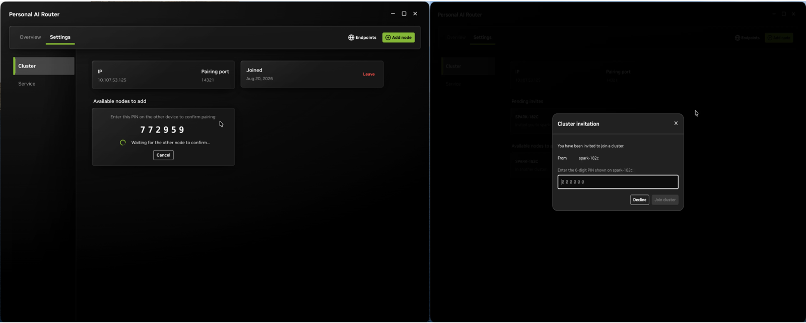 The six-digit pairing PIN on the inviting machine beside the Cluster invitation modal on the machine being invited.