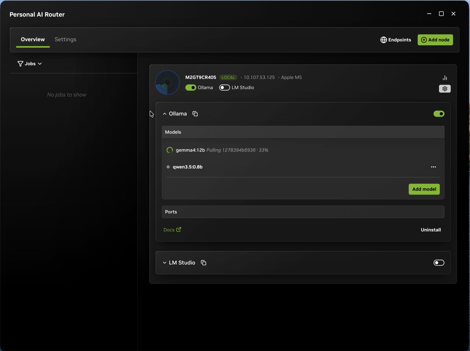A node card with its engine expanded, one model pulling and the Add model button beside the list.