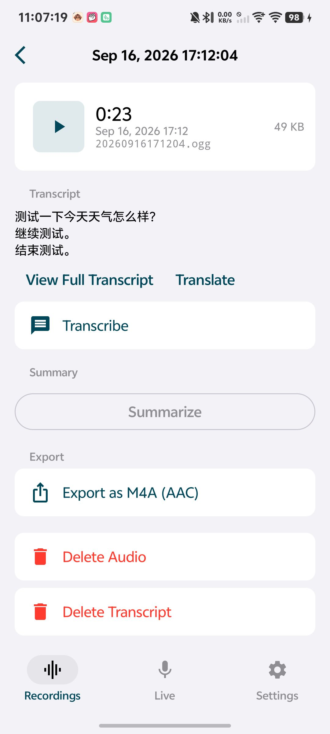 Android recording detail with transcript and export actions
