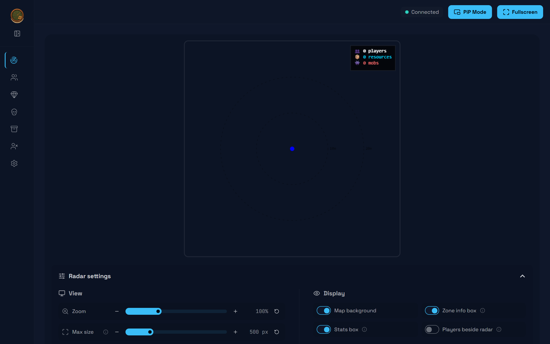 Radar settings panel