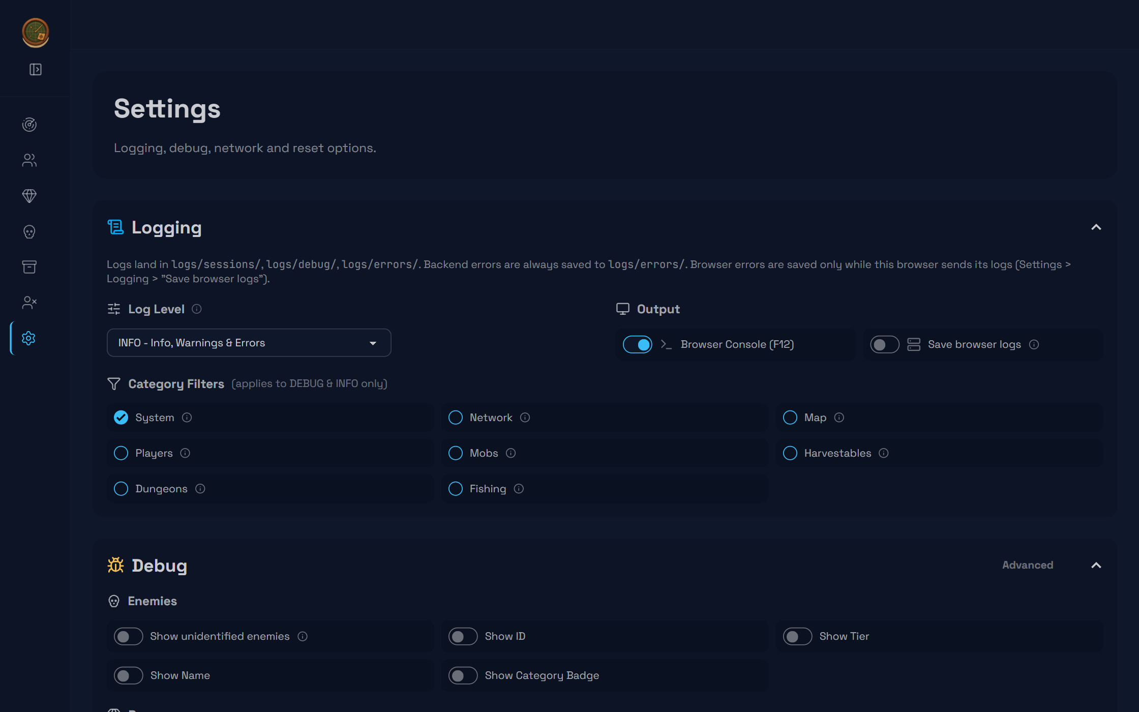 Logging and debug settings