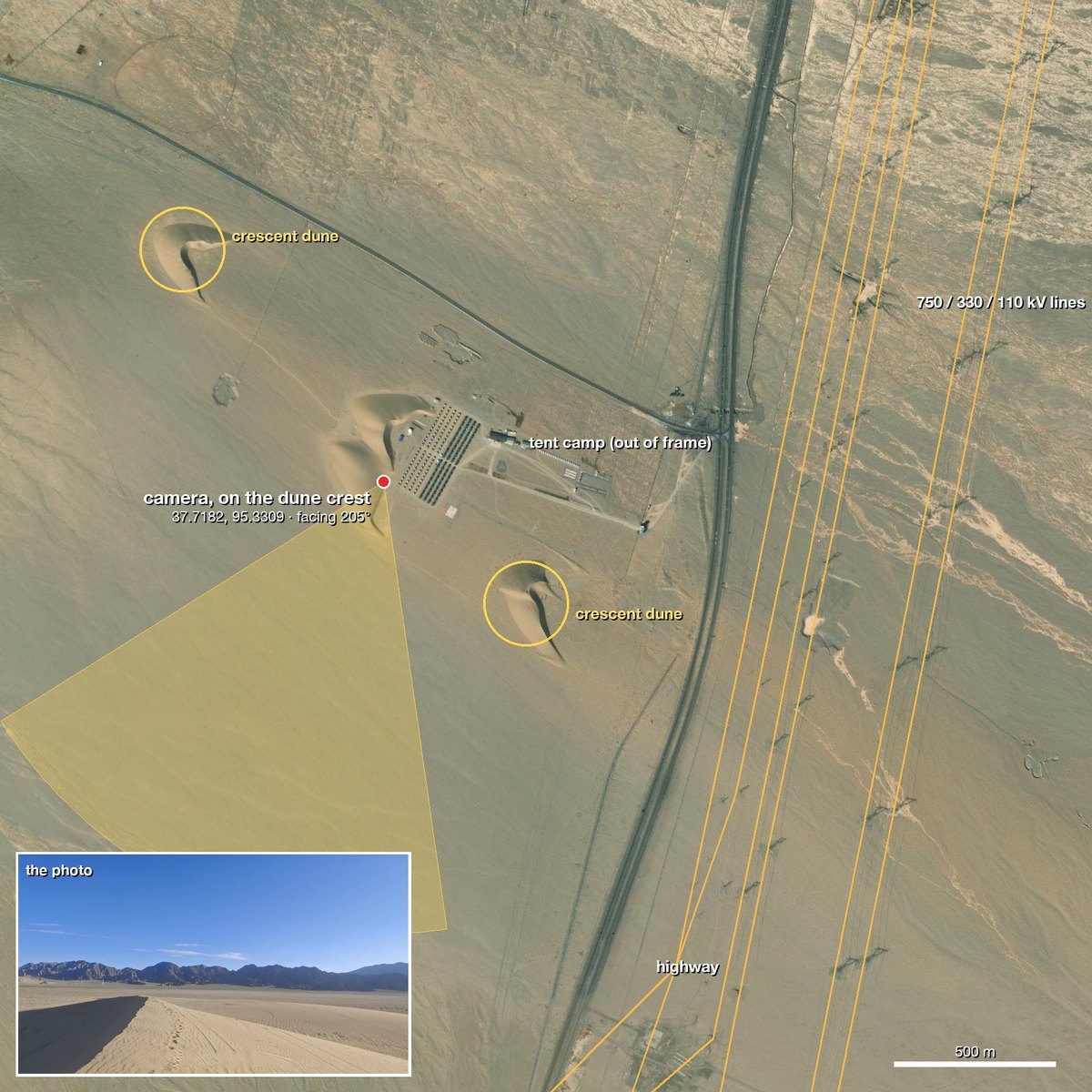 Evidence image: the camera on the dune crest, field of view, the dunes, the camp and the power-line bundle