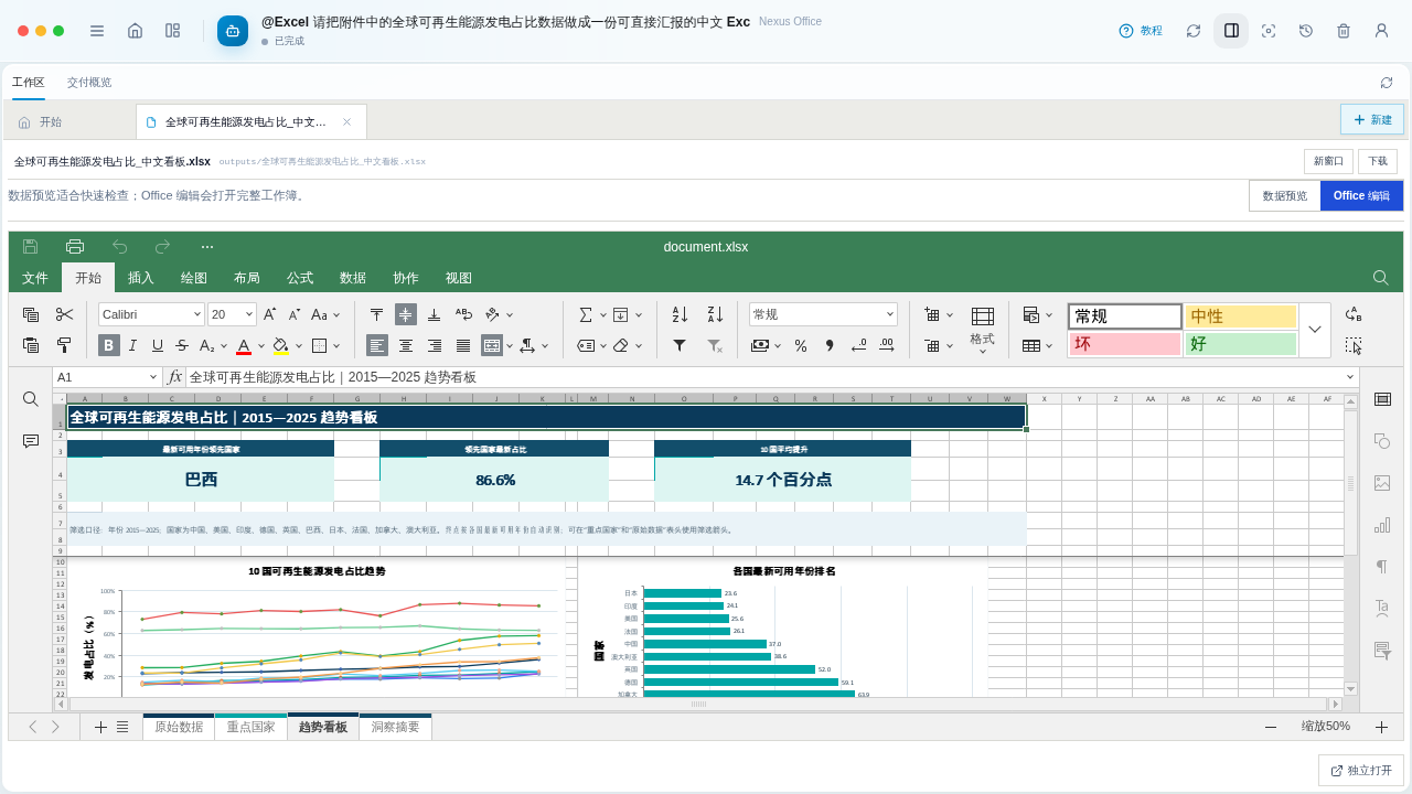 Editable Excel renewable-energy dashboard in Nexus Office