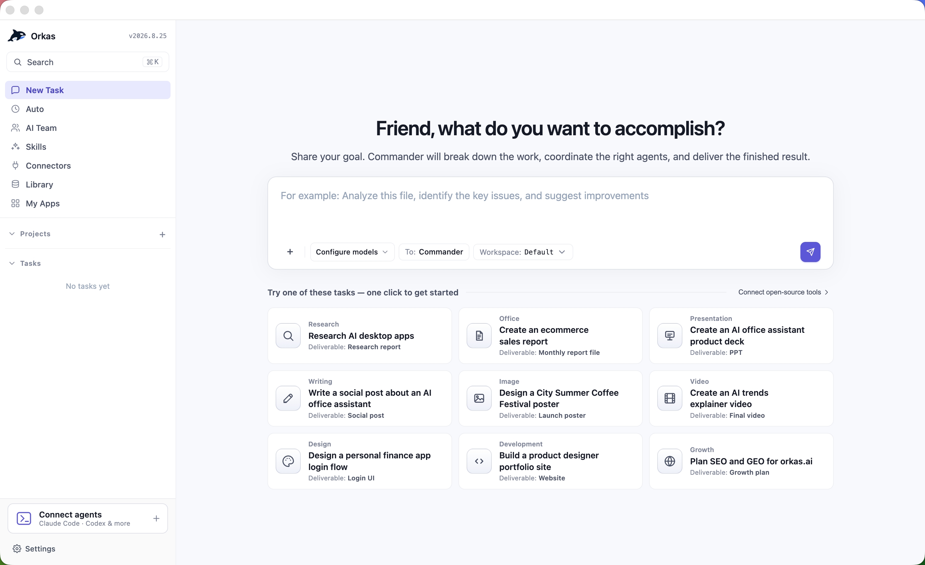 Orkas home screen: sidebar with Commander, Agents, Skills, Connectors and Library, and a task box with quick-start templates