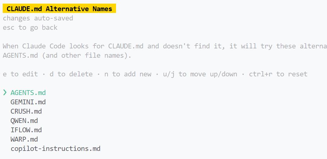 Screenshot of the CLAUDE.md alternative names list