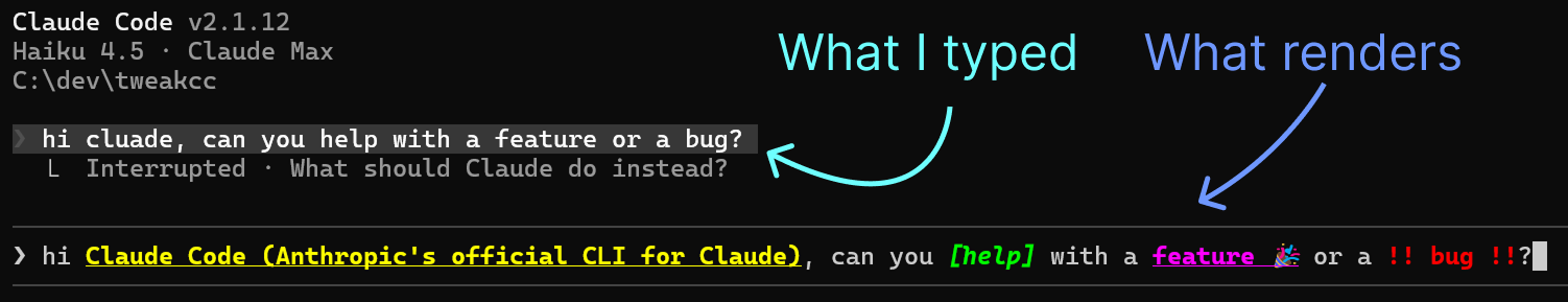 Input box demonstrating format strings rendering extra characters not in the actual prompt