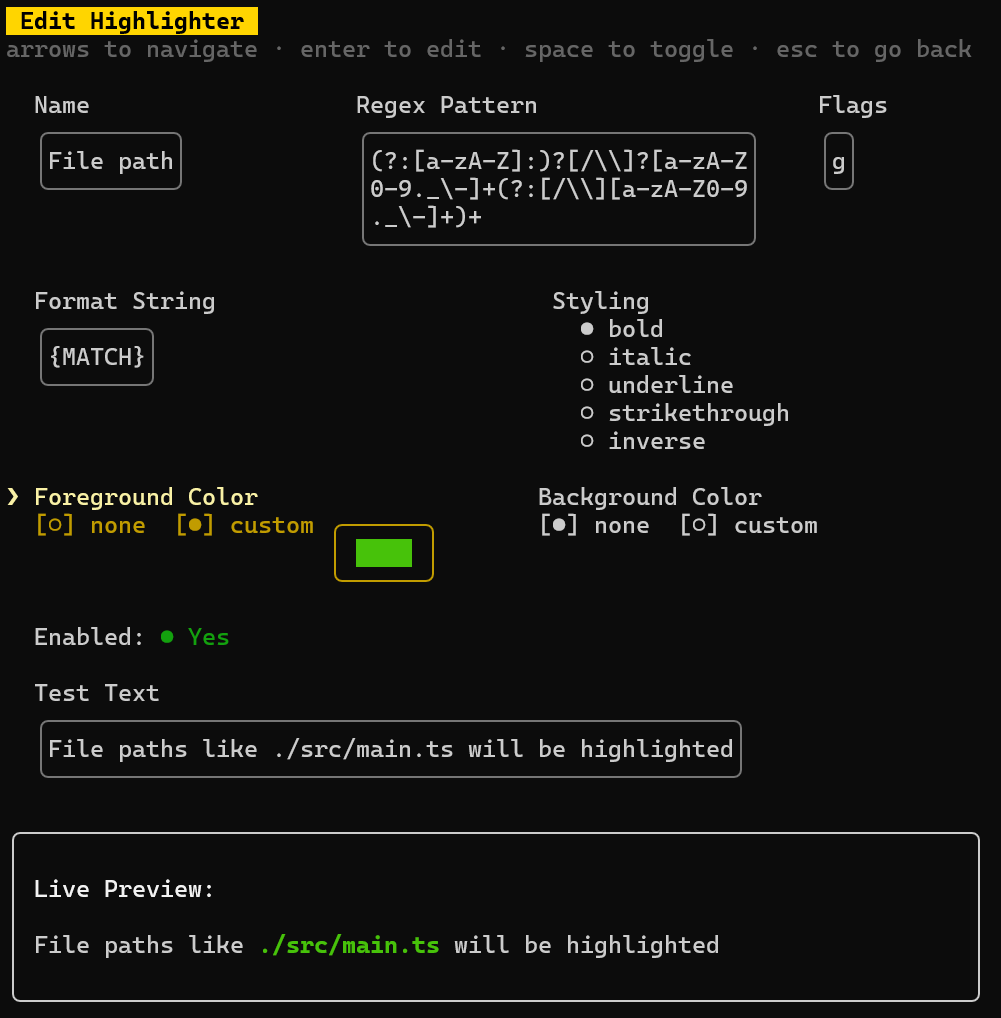 Input pattern highlighter edit view with fields for name, regex, colors, and styling