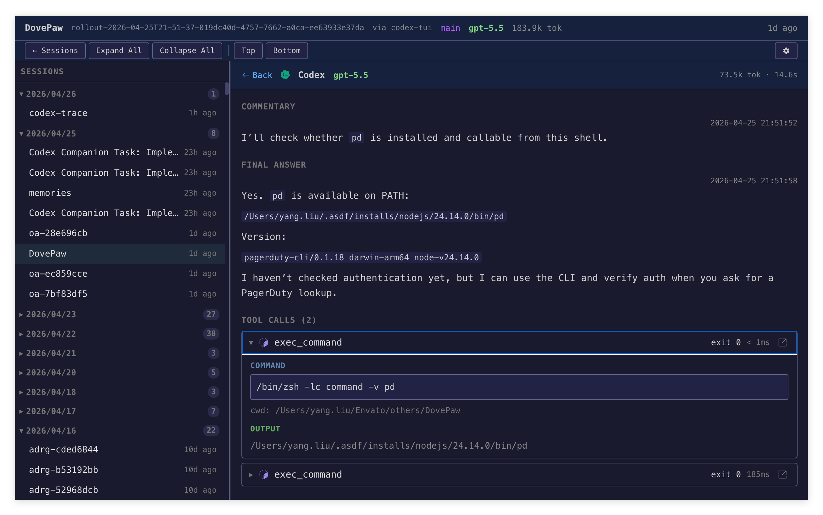 Codex Trace desktop app showing OpenAI Codex CLI JSONL session logs, turns, tool calls, token counts, and collaboration chains