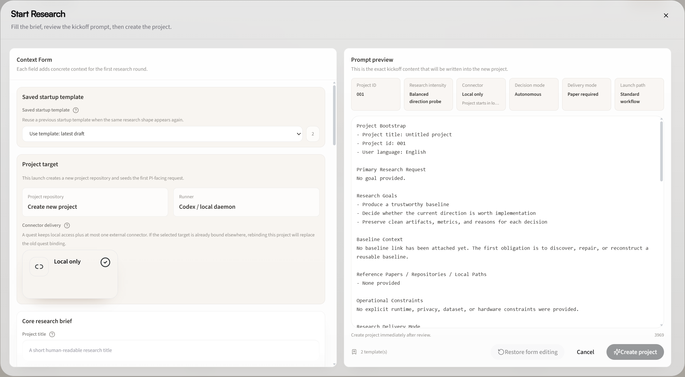 Start Research dialog