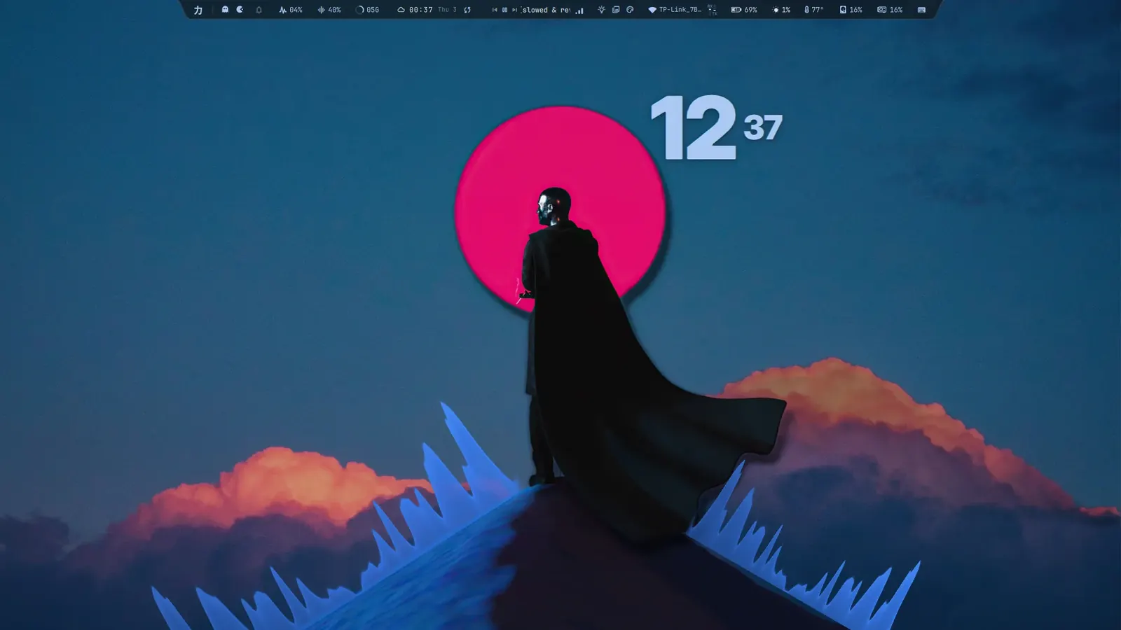 A Ryoku desktop at blue hour: the bar along the top, a large clock on the wallpaper, nothing else asking for attention