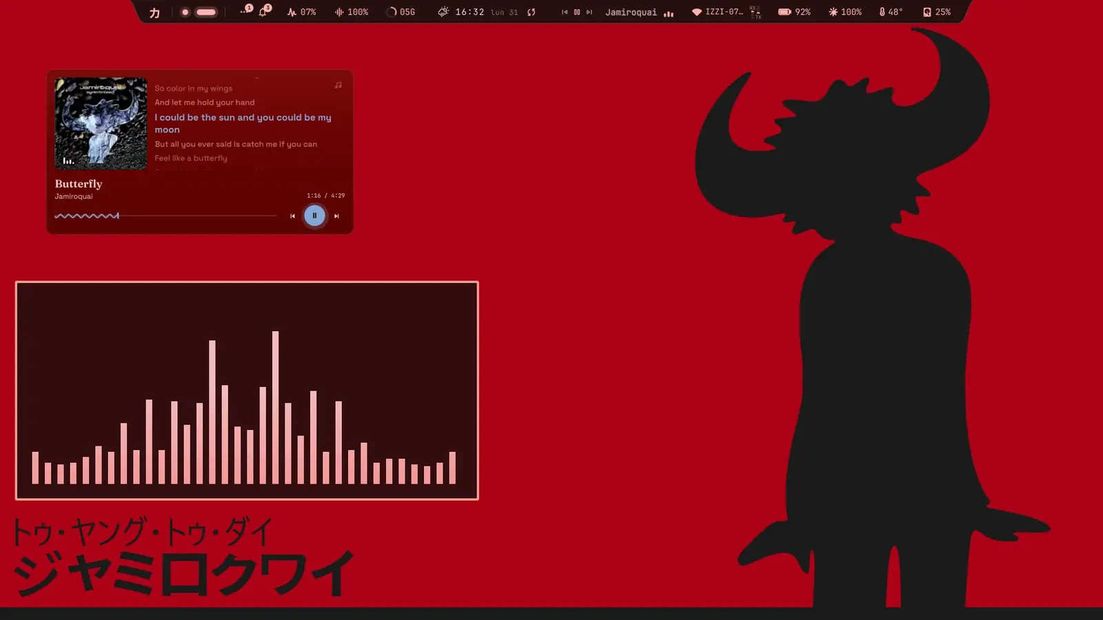 A horned silhouette on red, a music card and a visualizer