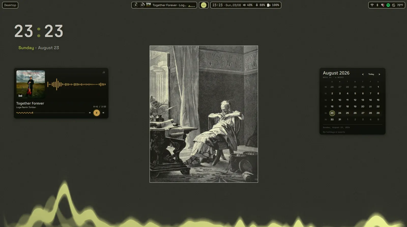 An olive desktop with the clock, a calendar and a visualizer