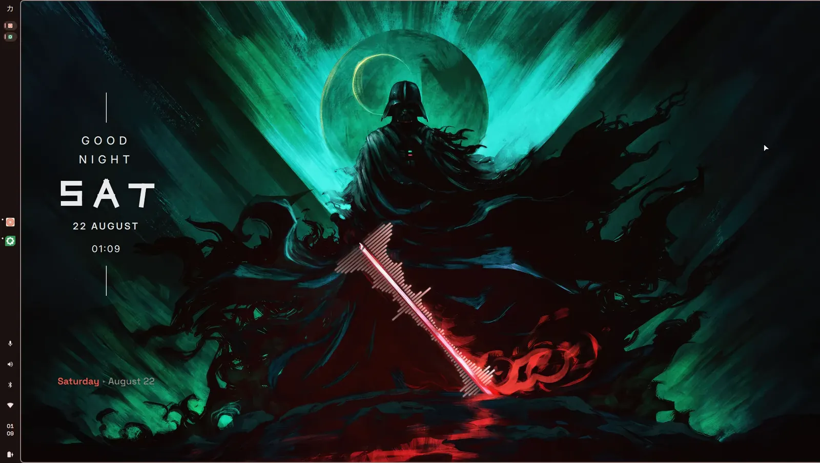A teal figure with a red saber, a good-night card