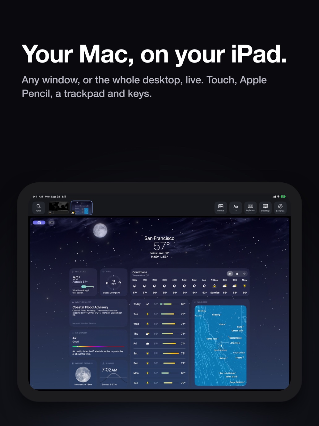 "Your Mac, on your iPad." The Mac's Weather app on an iPad held sideways, under Sill's bar of window thumbnails and buttons.