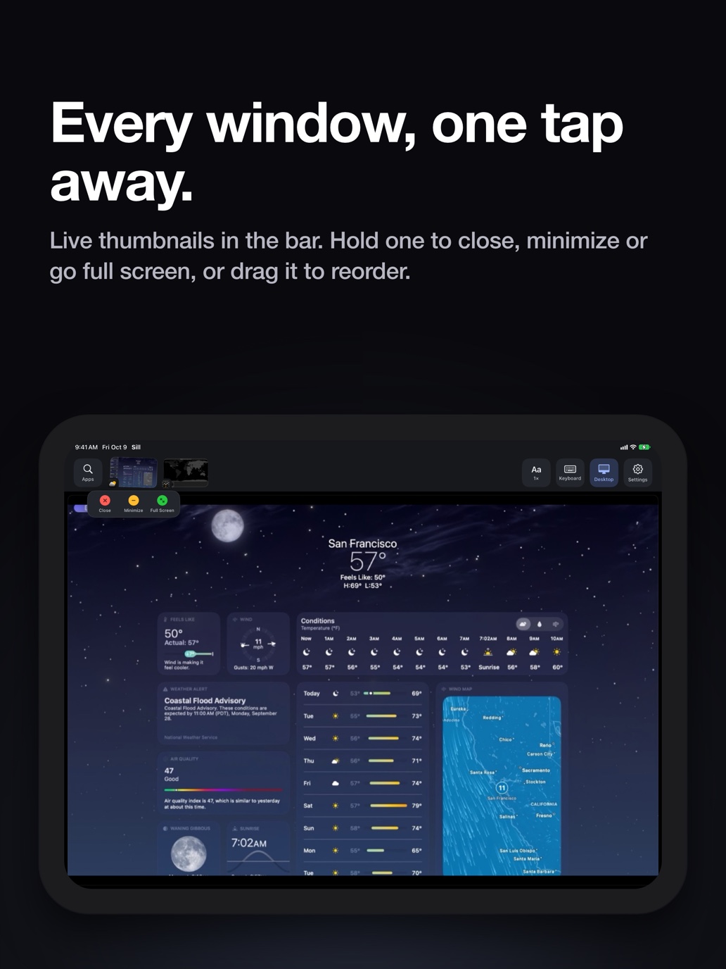 "Every window, one tap away." On an iPad held sideways, a window's thumbnail held in Sill's bar shows Close, Minimize and Full Screen.