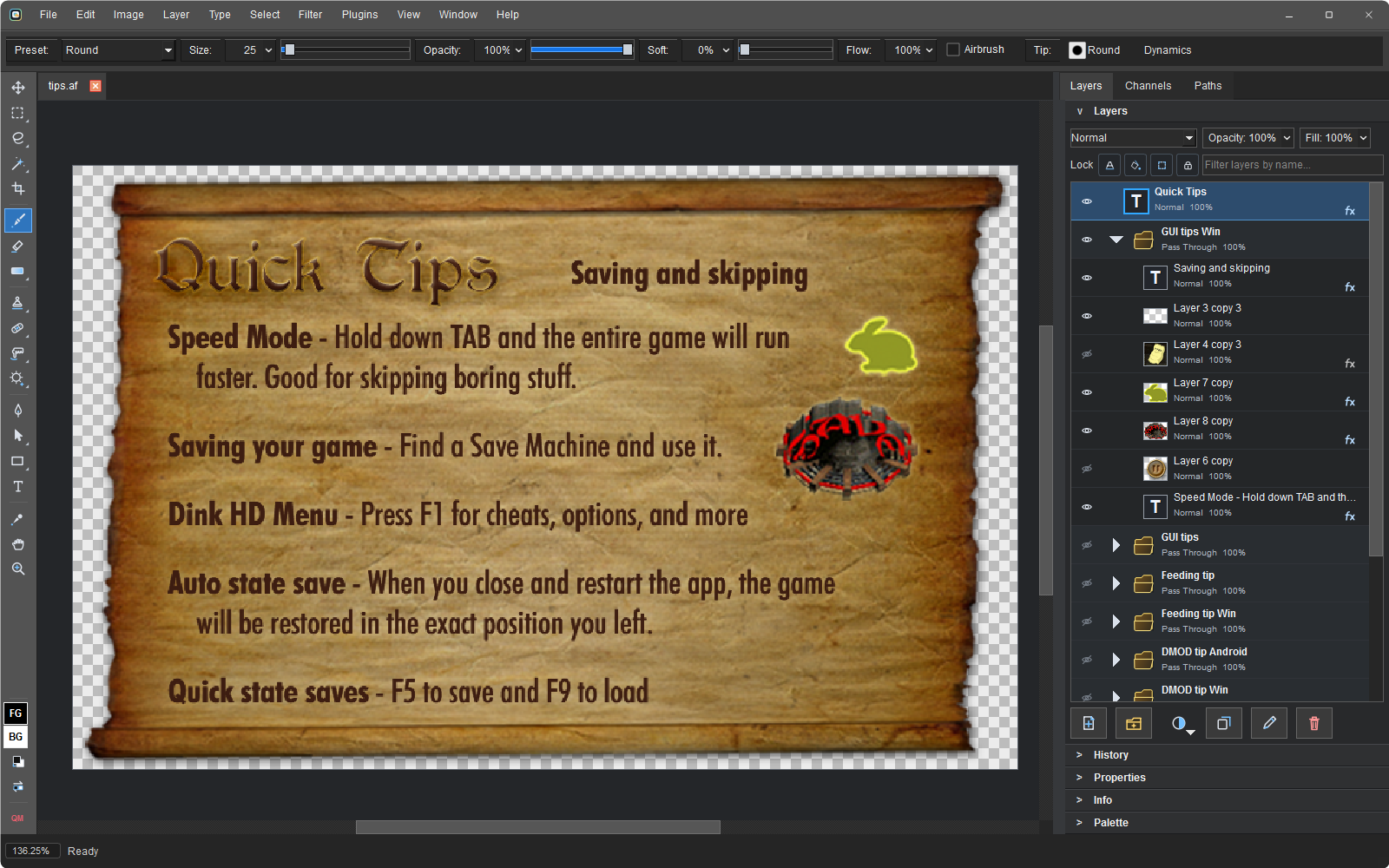 Affinity Photo document open in Patchy as a layered file, the Layers panel showing groups, text layers with effect badges, and raster layers