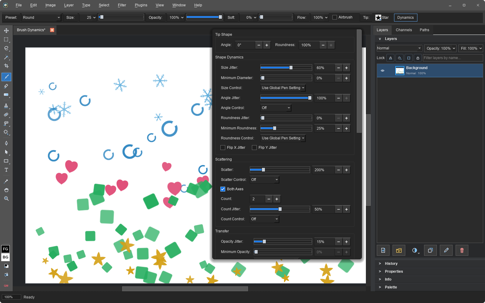 Brush Dynamics dialog with pressure and random controls beside a varied brush stroke
