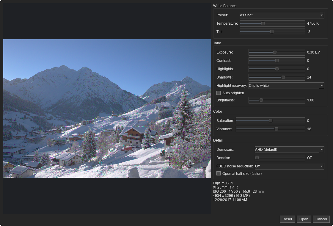 Camera Raw develop dialog showing a snowy mountain photo with white balance, tone, color, and detail controls
