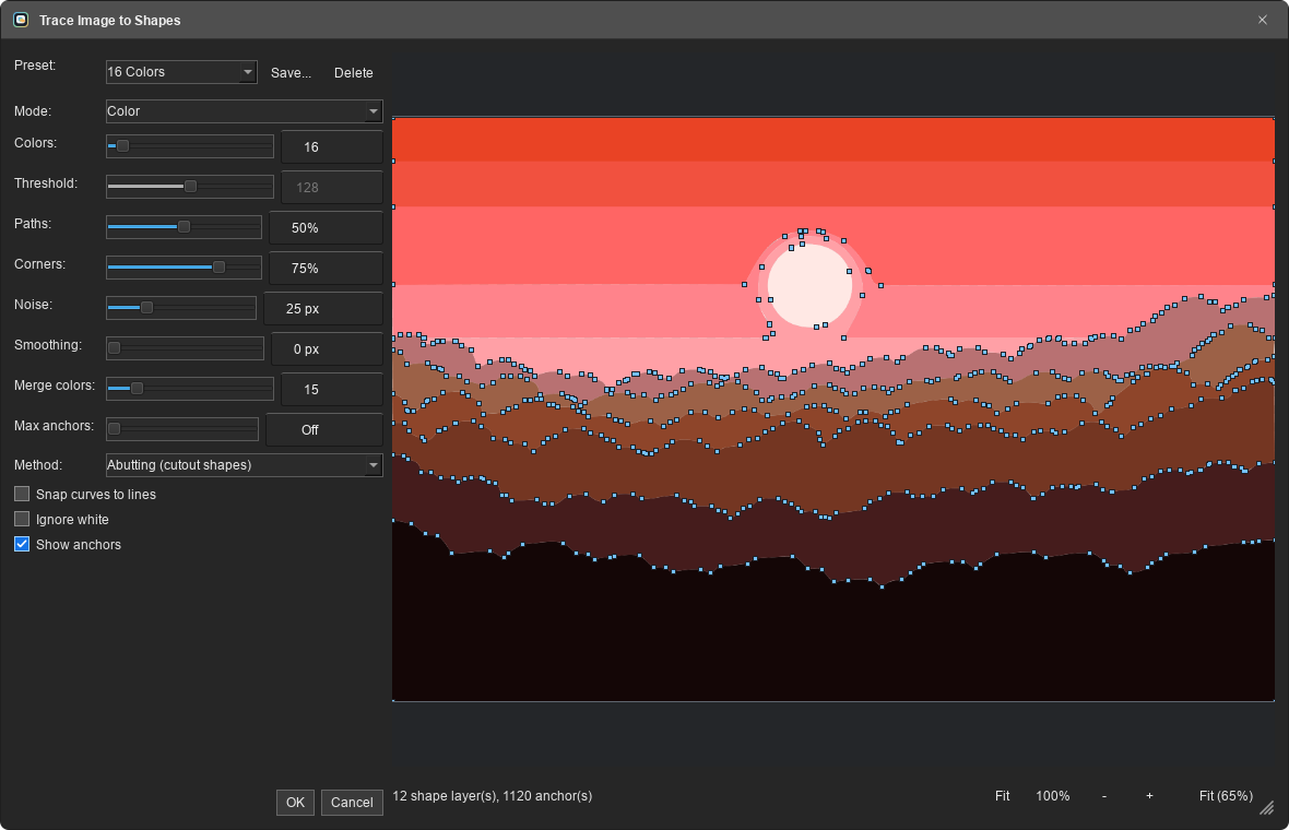 Trace Image to Shapes dialog converting a stylized sunset landscape into editable vector shape layers, with anchor points marked on the traced preview