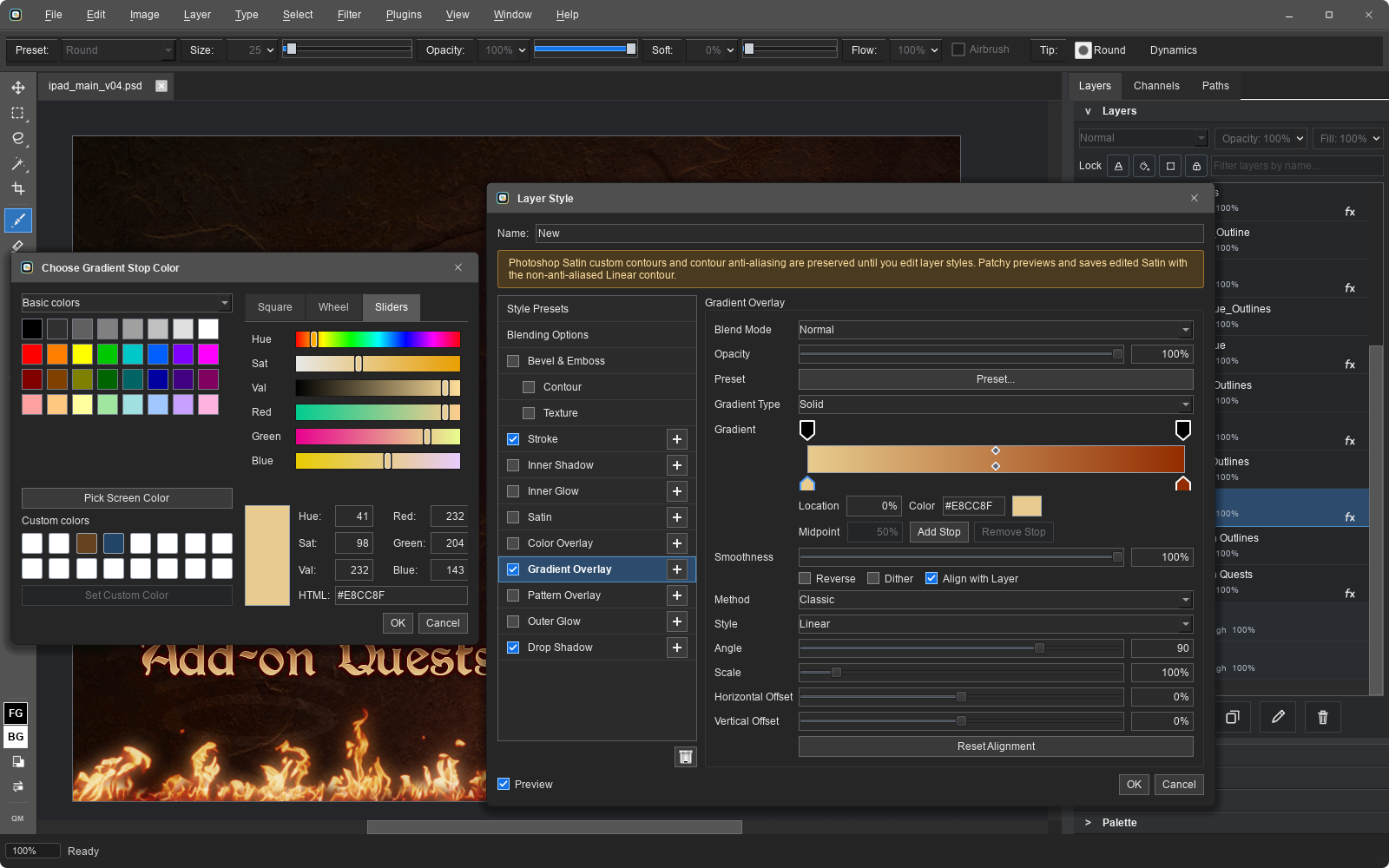 Layer Style dialog applying bevel, stroke, glow, and shadow effects to text