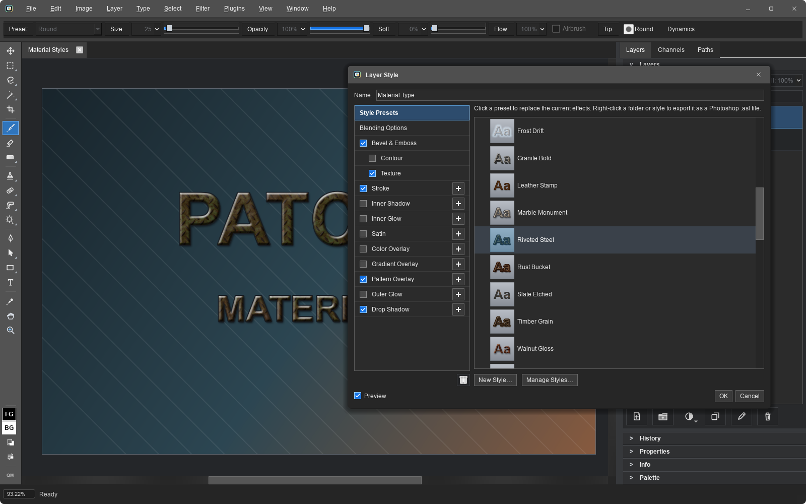Layer Style dialog applying Riveted Steel to large text from the built-in Materials preset folder