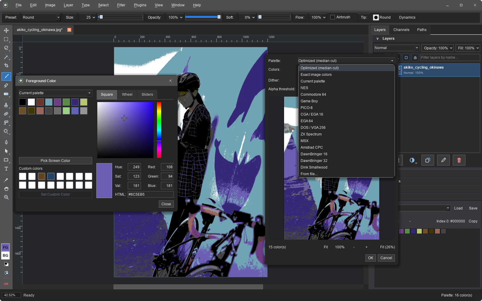 Palette editing mode with a limited color palette and indexed-looking pixel art