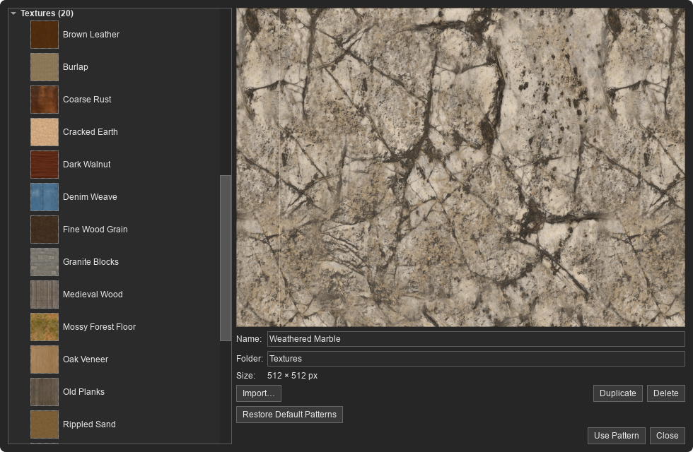 Pattern Manager showing the Textures folder with the bundled CC0 Weathered Marble photo texture selected in the large preview