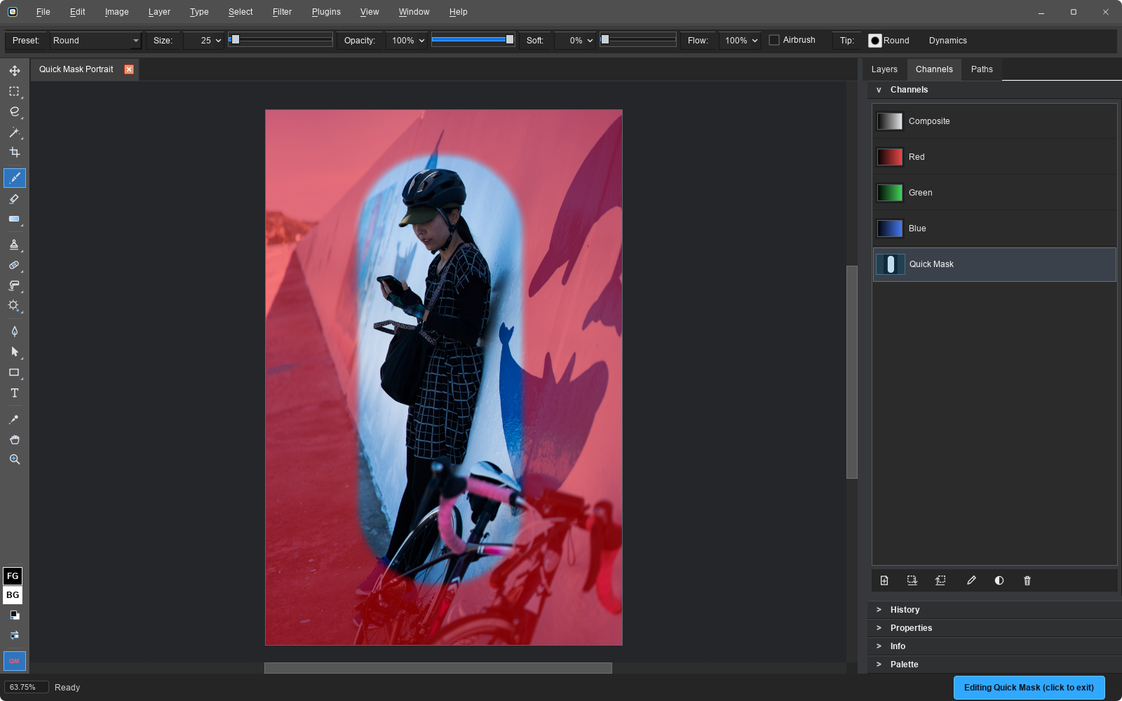Quick Mask mode showing a clean feathered portrait-frame selection as a red overlay with the temporary Quick Mask channel visible