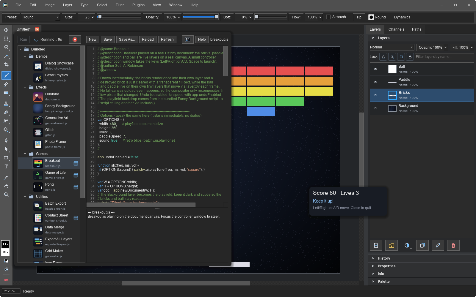 Script Manager running the bundled Breakout script, with breakout.js code, live run status, and stop button beside the game playing on a real document canvas with brick, paddle, and ball layers