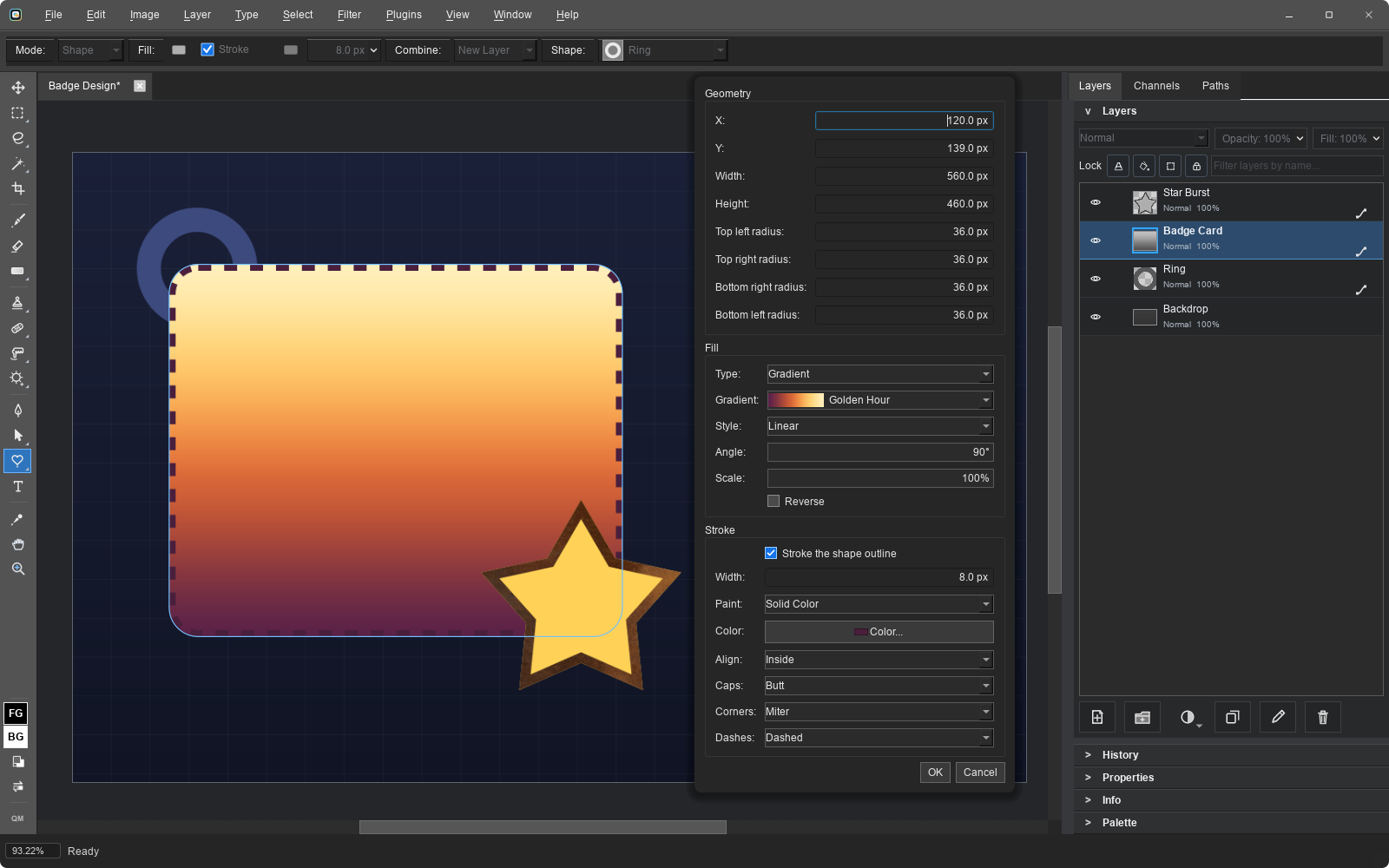 Shape Appearance dialog editing a rounded-rectangle badge with a Golden Hour gradient fill, dashed stroke, and per-corner radius controls, beside a star with a rust pattern stroke