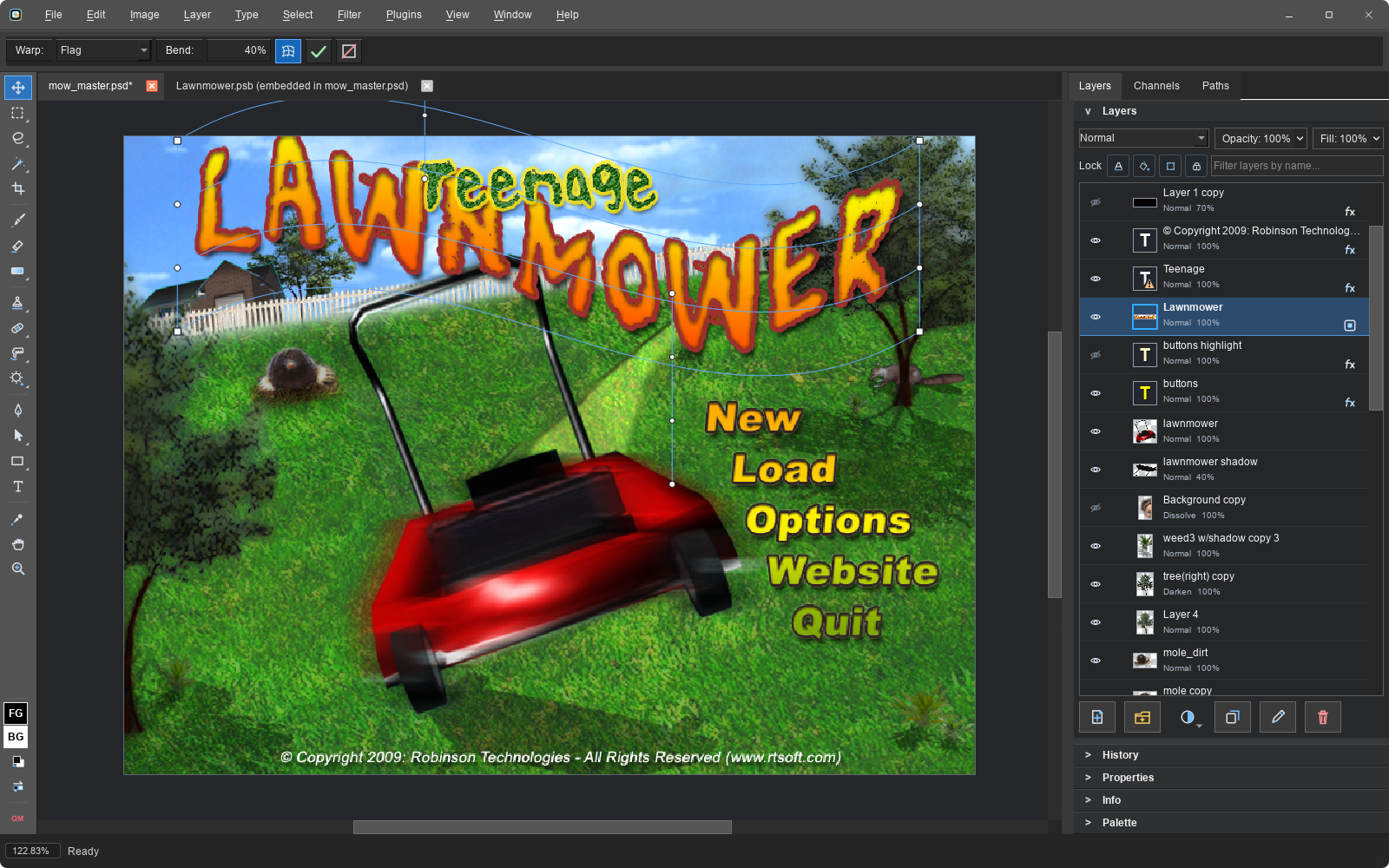 Game title art with a smart object mid warp transform showing the Bezier cage, and its embedded contents open in a second tab