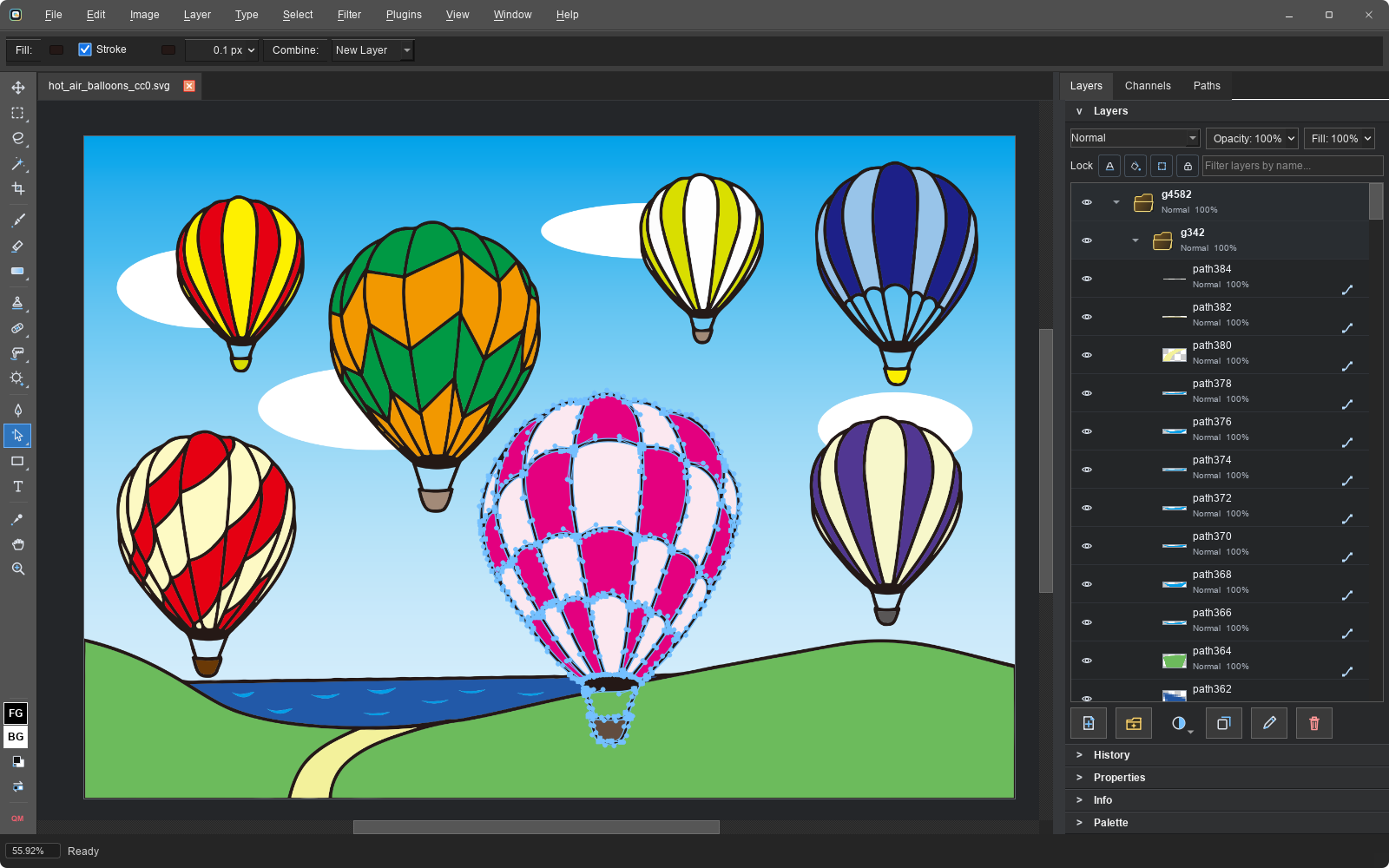 CC0 hot air balloon SVG clip art opened as editable shape layers with group folders in the Layers panel and the big balloon's bezier anchors selected on canvas