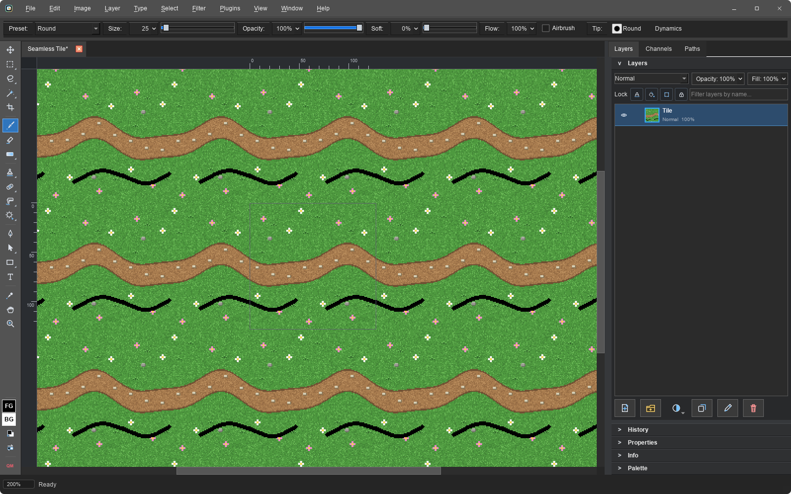 Pixel-art grass and path tile repeating across the whole canvas in seamless tiling mode, with a painted black line wrapping across every tile edge