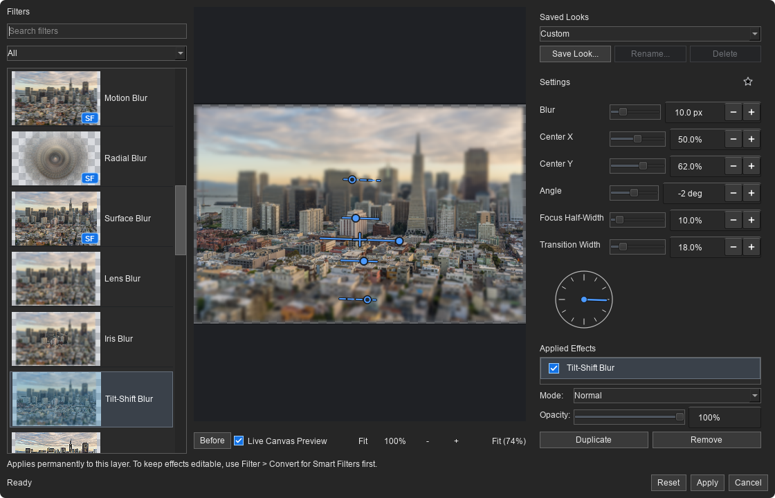 Tilt-Shift Blur in the Filter Gallery over a real San Francisco city photograph with draggable focus controls