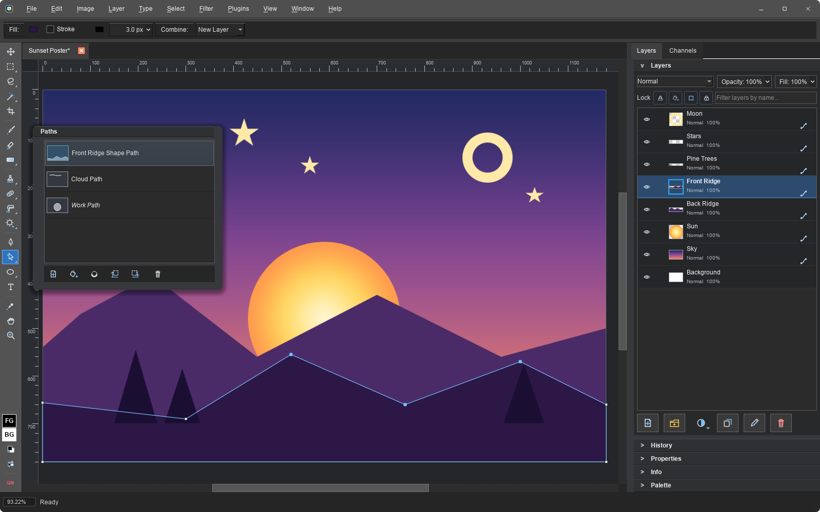 Flat vector sunset poster built from shape layers, with Direct Select showing a mountain ridge's anchors and the Paths panel floating beside the canvas