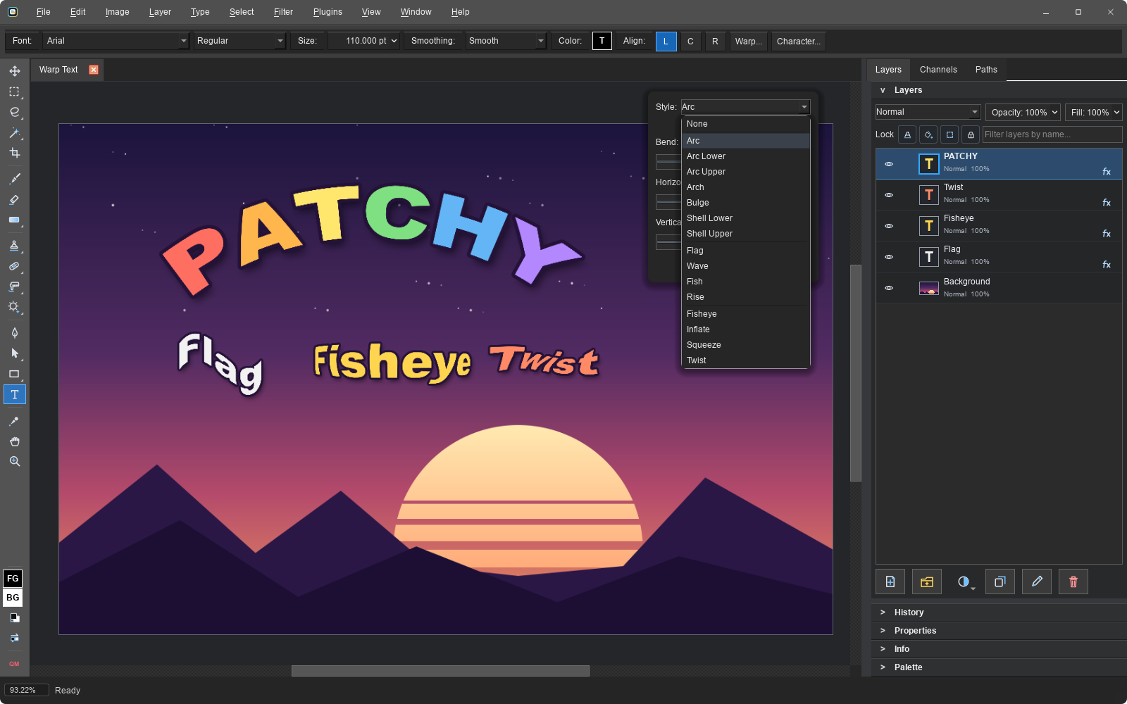 Warp Text dialog with the style list open over a poster with arced rainbow text and flag, fisheye and twist warped words